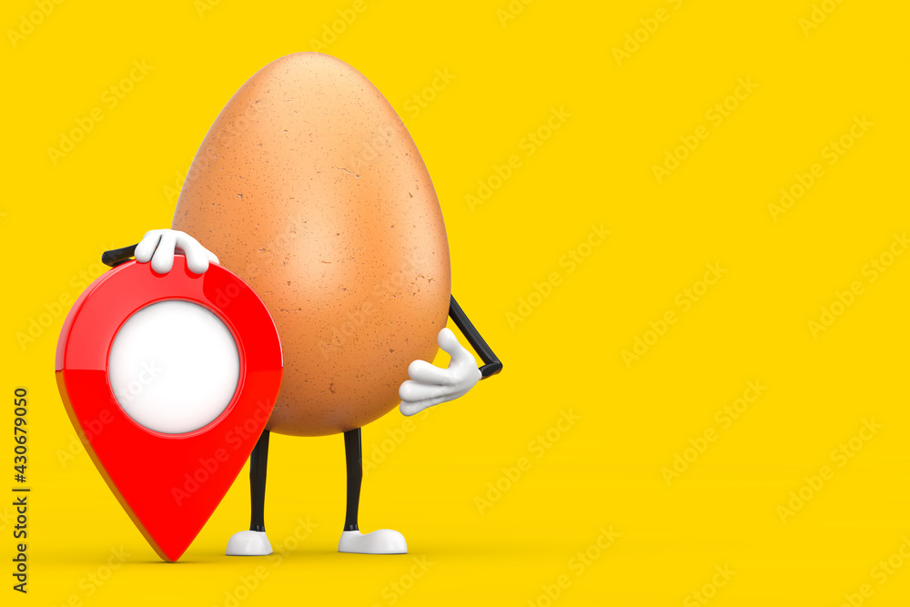 Poster brown chicken egg person character mascot with red map pointer target pin. 3d rendering