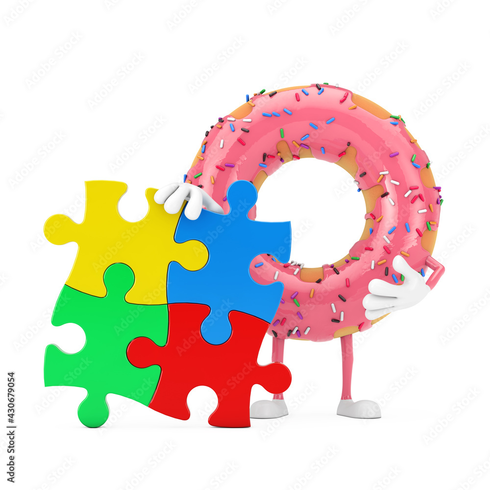 Poster Big Strawberry Pink Glazed Donut Person Character Mascot with Four Pieces of Colorful Jigsaw Puzzle. 3d Rendering