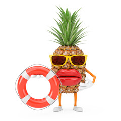 Fun Cartoon Fashion Hipster Cut Pineapple Person Character Mascot with Life Buoy. 3d Rendering