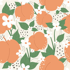 Peach or apricot fruit seamless pattern design vector illustration set. Cartoon summer peachy trendy botany texture with whole and half orange peach, nectarine branch, green leaves and white flowers