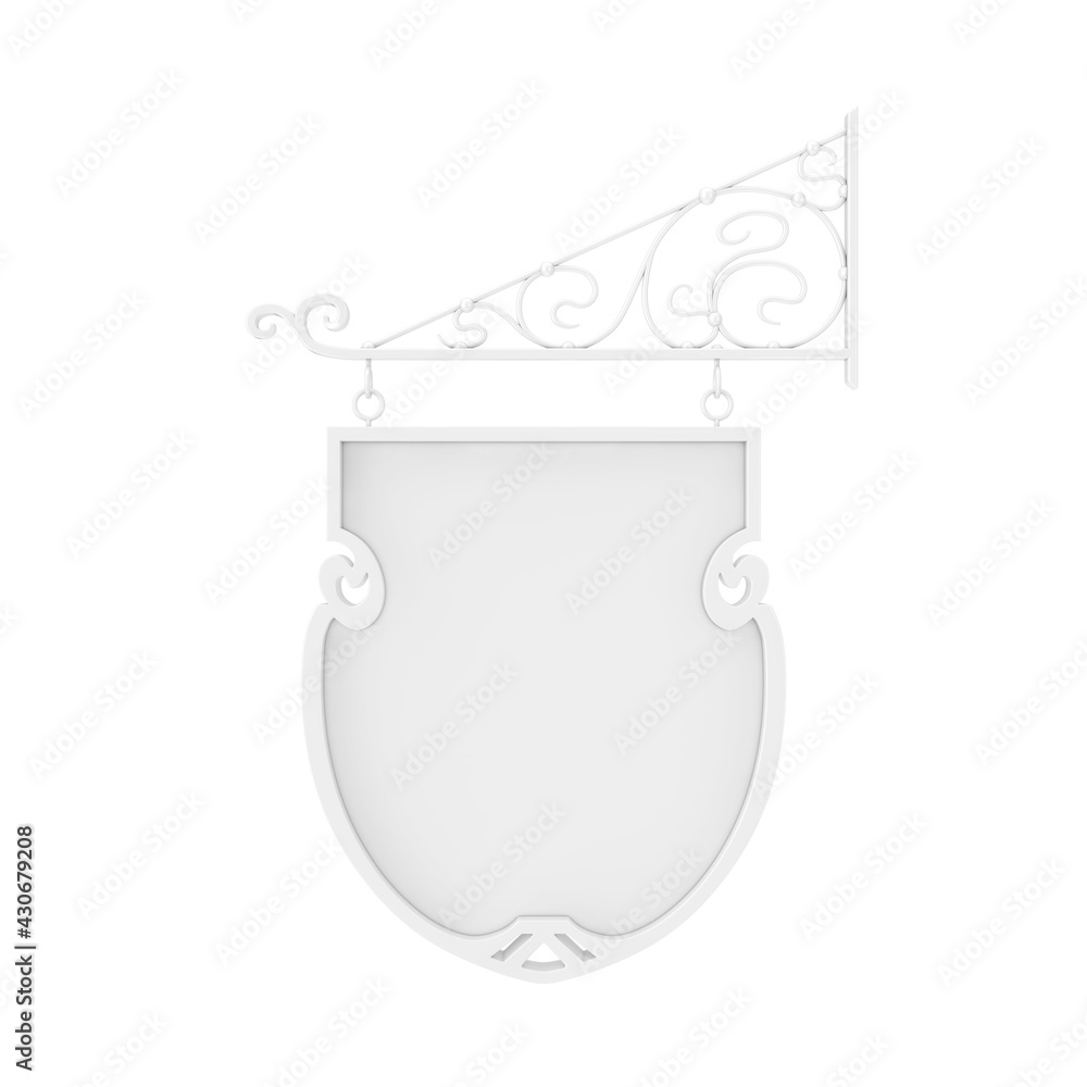 Poster blank white hanging sign with free space for your design and floral forging elements in clay style. 
