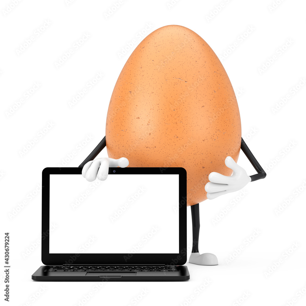 Aufkleber brown chicken egg person character mascot with modern laptop computer notebook and blank screen for 