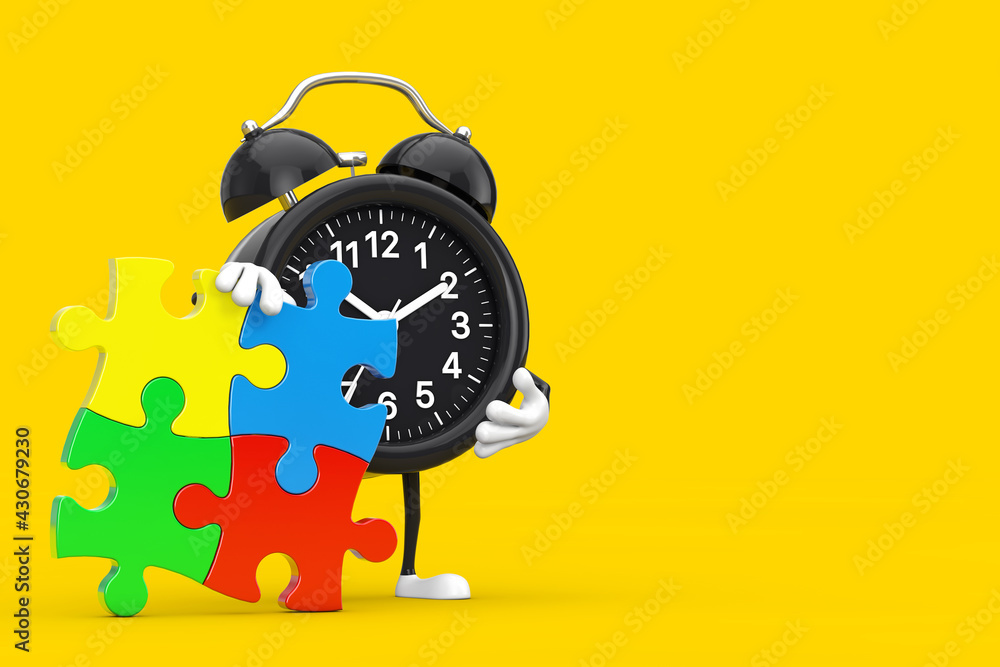 Poster alarm clock person character mascot with four pieces of colorful jigsaw puzzle. 3d rendering