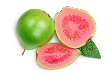 Guava fruit with slices isolated on white background with clipping path and full depth of field. Top view. Flat lay
