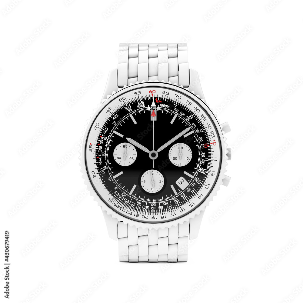 Poster luxury classic analog men's white wrist watch in clay style. 3d rendering