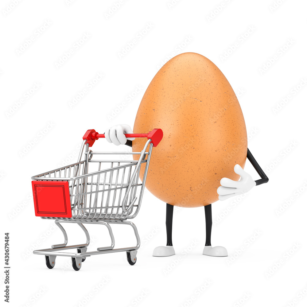 Poster  Brown Chicken Egg Person Character Mascot with Shopping Cart Trolley. 3d Rendering