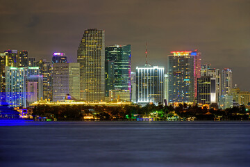 Miami, Florida, USA downtown cityscape. Miami, Florida, USA skyline on Biscayne Bay, city night backgrounds.