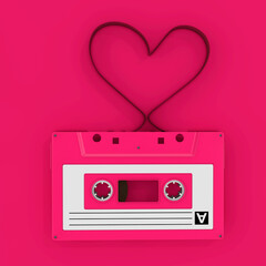 Pink Audio Cassette Tape with Tape Ribbon in Shape of Heart. 3d Rendering