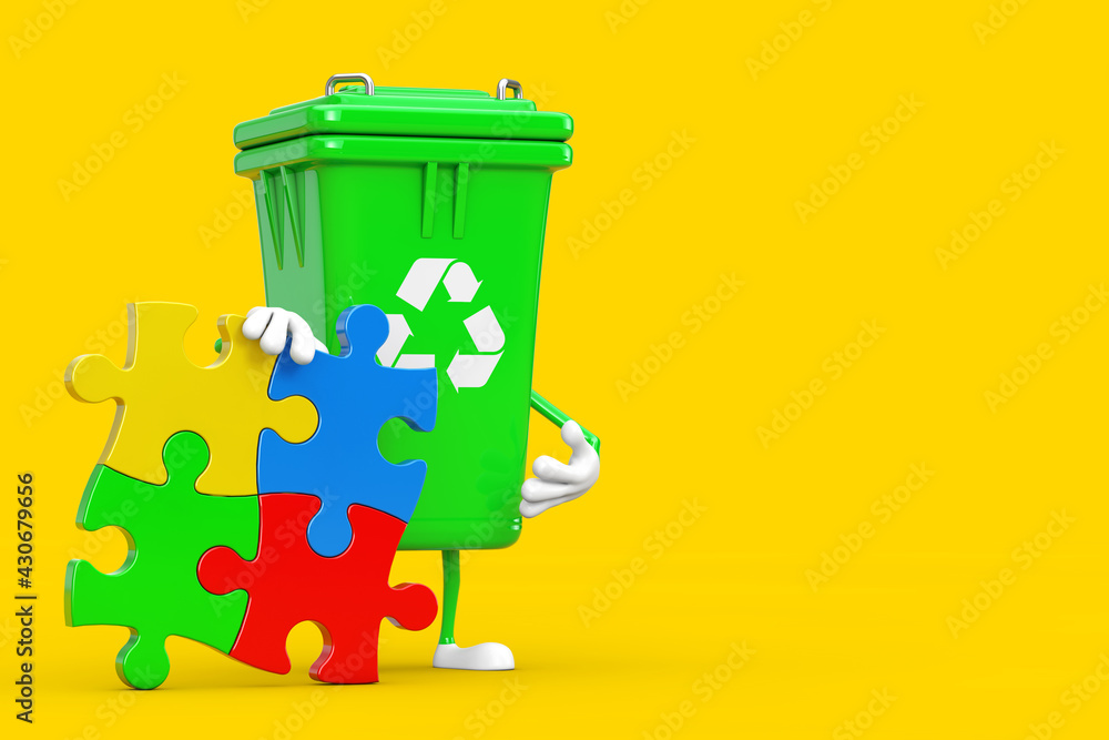 Leinwandbilder recycle sign green garbage trash bin person character mascot with four pieces of colorful jigsaw puz