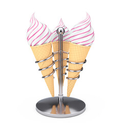 Soft Serve Ice Cream in Waffle Crispy Ice Cream Cones in Chrome Holders. 3d Rendering