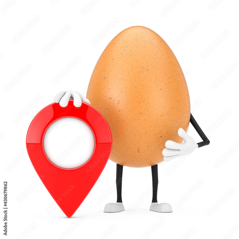 Poster brown chicken egg person character mascot with red map pointer target pin. 3d rendering