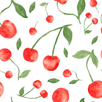 Red cherry berries - seamless pattern, watercolor painting isolated on white background
