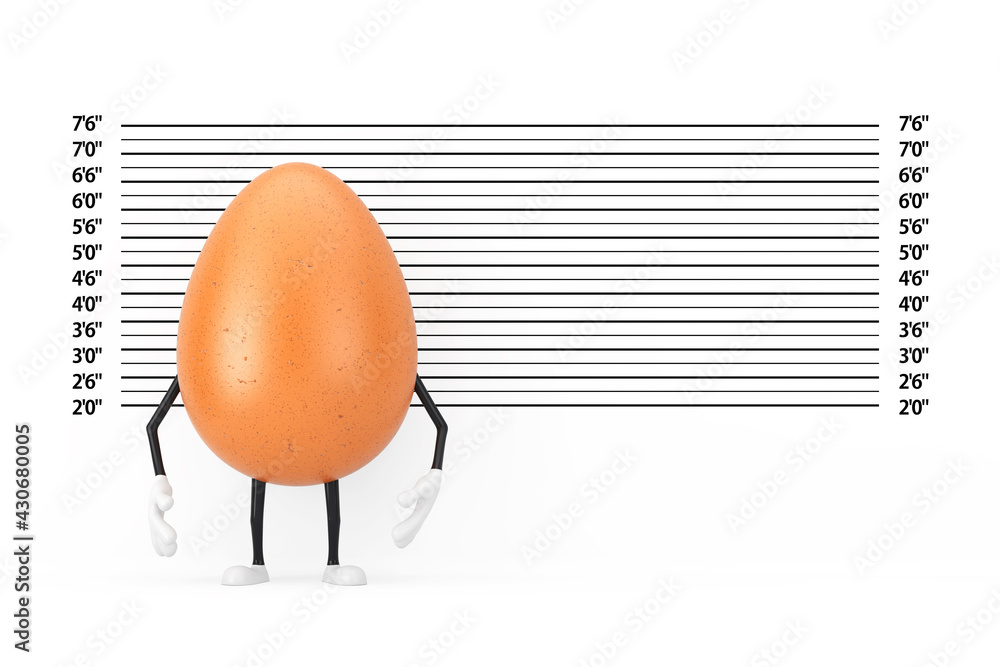 Poster brown chicken egg person character mascot in front of police lineup or mugshot background. 3d render