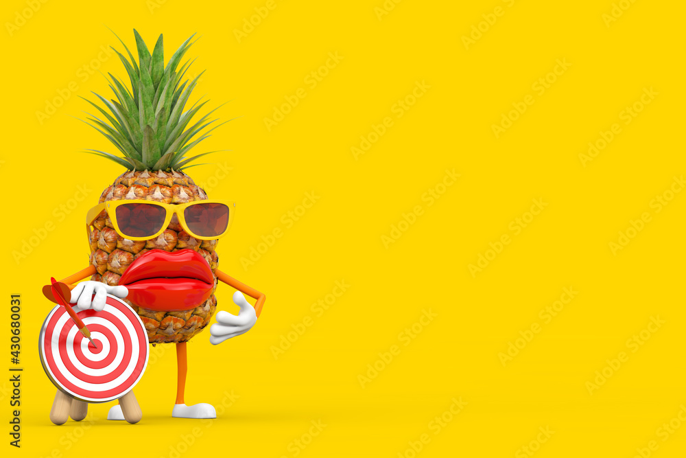 Aufkleber fun cartoon fashion hipster cut pineapple person character mascot with with archery target and dart 