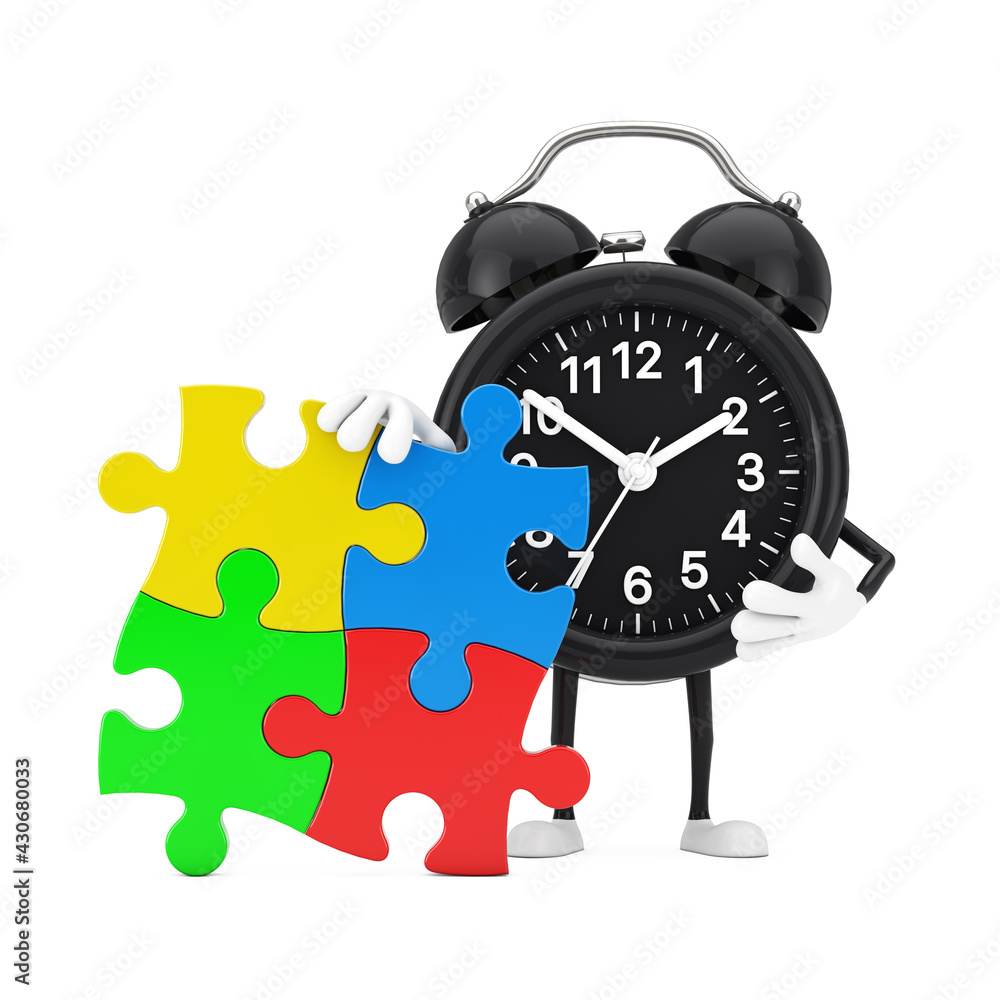 Poster alarm clock person character mascot with four pieces of colorful jigsaw puzzle. 3d rendering