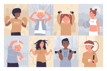 Happy kids do sport exercises vector illustration set. Cartoon children training with dumbbells, boxing gloves and jump rope, boy child character holding tennis racket, girl exercising with ball