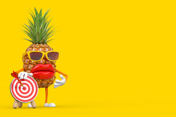 Fun Cartoon Fashion Hipster Cut Pineapple Person Character Mascot with with Archery Target and Dart in Center. 3d Rendering