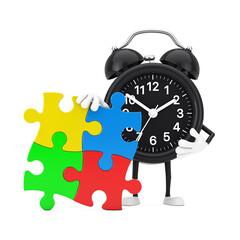 Alarm Clock Person Character Mascot with Four Pieces of Colorful Jigsaw Puzzle. 3d Rendering