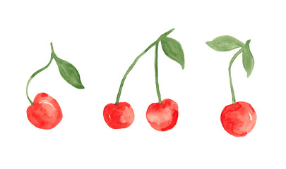 Red cherry berries - watercolor painting set isolated on white background