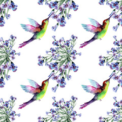 Seamless pattern with blooming blue flowers in a bouquet and a flying tropical hummingbird bird. Hand-drawn watercolor on white background for fabric, packaging, wallpaper, scrapbooking, print.