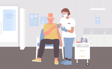 Vaccination, disease treatment, medicine vector illustration. Cartoon woman doctor character making vaccine injection to old senior man patient in interior of hospital clinic background