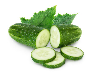 Sliced cucumber isolated on white background with clipping path and full depth of field,