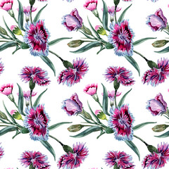 Bouquets of pink carnation flowers on stems with buds and green leaves in a summer seamless pattern. Hand drawn watercolor on white background for fabric, wallpaper, textile, scrapbooking, packaging.