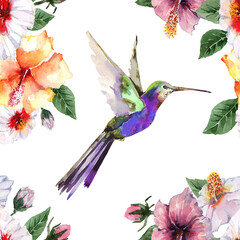 Seamless pattern with tropical hibiscus flowers and flying hummingbird bird with bright plumage. Hand drawn watercolor painting on white background for fabric, textile, wallpaper, scrapbooking.