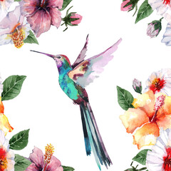 Seamless pattern with tropical fluttering hummingbird bird and bright hibiscus flowers with buds and green leaves. Hand drawn watercolor painting on white background for fabric, textile, wallpaper. © Pavla aquarelle