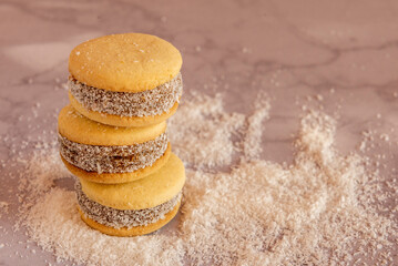 Deliciosos alfajores de maicena rellenos de dulce de leche y espolvoreados con coco rallado, a luz de la mañana.