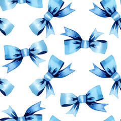 Seamless pattern from elegant blue bows on a white background. Satin ribbon bows. Hand drawn watercolor for textile, print, fabric, packaging, wallpaper, paper, background, scrapbooking.