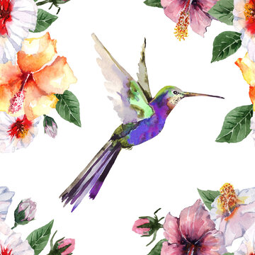 Seamless pattern with tropical hibiscus flowers and flying hummingbird bird with bright plumage. Hand drawn watercolor painting on white background for fabric, textile, wallpaper, scrapbooking. © Pavla aquarelle