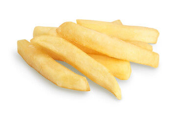 French fries or fried potatoes isolated on white background with clipping path and full depth of field
