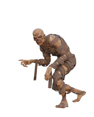 3D illustration of a zombie mummy fantasy creature creeping isolated on white.