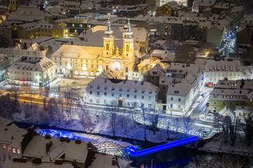 Scenic night view of the city of Graz in winter