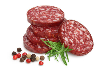 Smoked sausage salami slices isolated on white background with clipping path and full depth of field