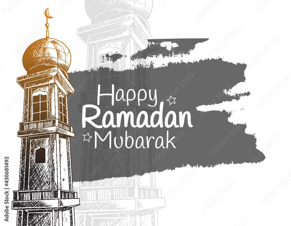 Wall mural Ramadan Mubarak. mosque tower isolated on white background black brush