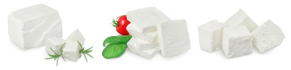 Feta cheese isolated on white background. With full depth of field. Set or collection