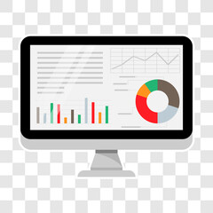 Computer screen with business graph data, analysis trends, financial strategy, statistics, and infographic chart icons. Transparent background. Vector illustration.