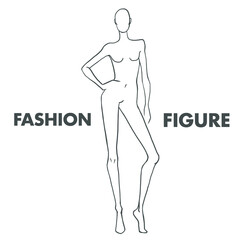 Fashion illustration of the figure of the model with support on one leg. Hand on the hip. Line sketch on a white background. Can be used to showcase clothes, in web design, clothing design, printing.