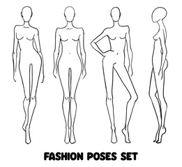Set of four shapes in fasion illustration style in lines on a white background. Model in full face, profile, with support on one leg, walking on the catwalk. Used for clothing sketches, in web design