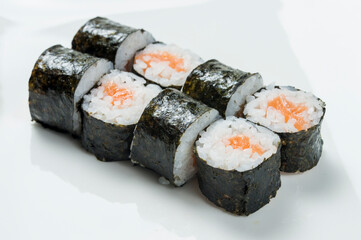 sushi rolls with salmon wrapped in nori leaf isolated on white background