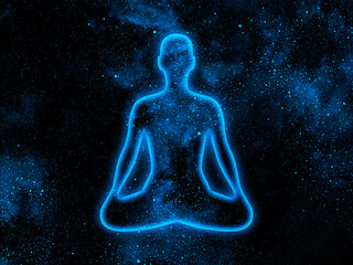 Cosmic radiant man in the lotus pose on a background of blue starry universe