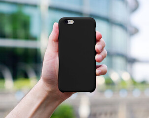 black phone case mock up on blurred city background in a man's hand