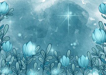 Shining night flowers. Vector floral template with azure night flowers and stars on dark background. Watercolor texture.