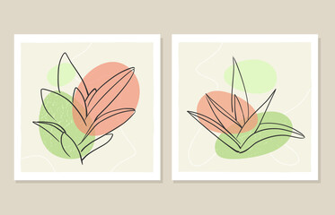 Botanical wall art vector set. Abstract pattern of flowers and branches. Vector illustration.