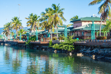 A view of the La Guancha boardwalk from the water.  Ponce, Puerto Rico, USA.