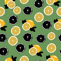 Seamless citrus pattern. Fruit vector background. Colorful background with lemon and lime. Natural and healthy food.