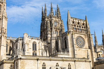 BURGOS, SPAIN - April 9, 2021: Detail of the Cathedral of Santa Maria La Mayor of Burgos in the center of the city and with great views in a sunny day