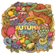 Obraz premium Hand-drawn cute illustration on the theme of autumn. Original art with fall symbols. Funny seasonal design. Creative vector background